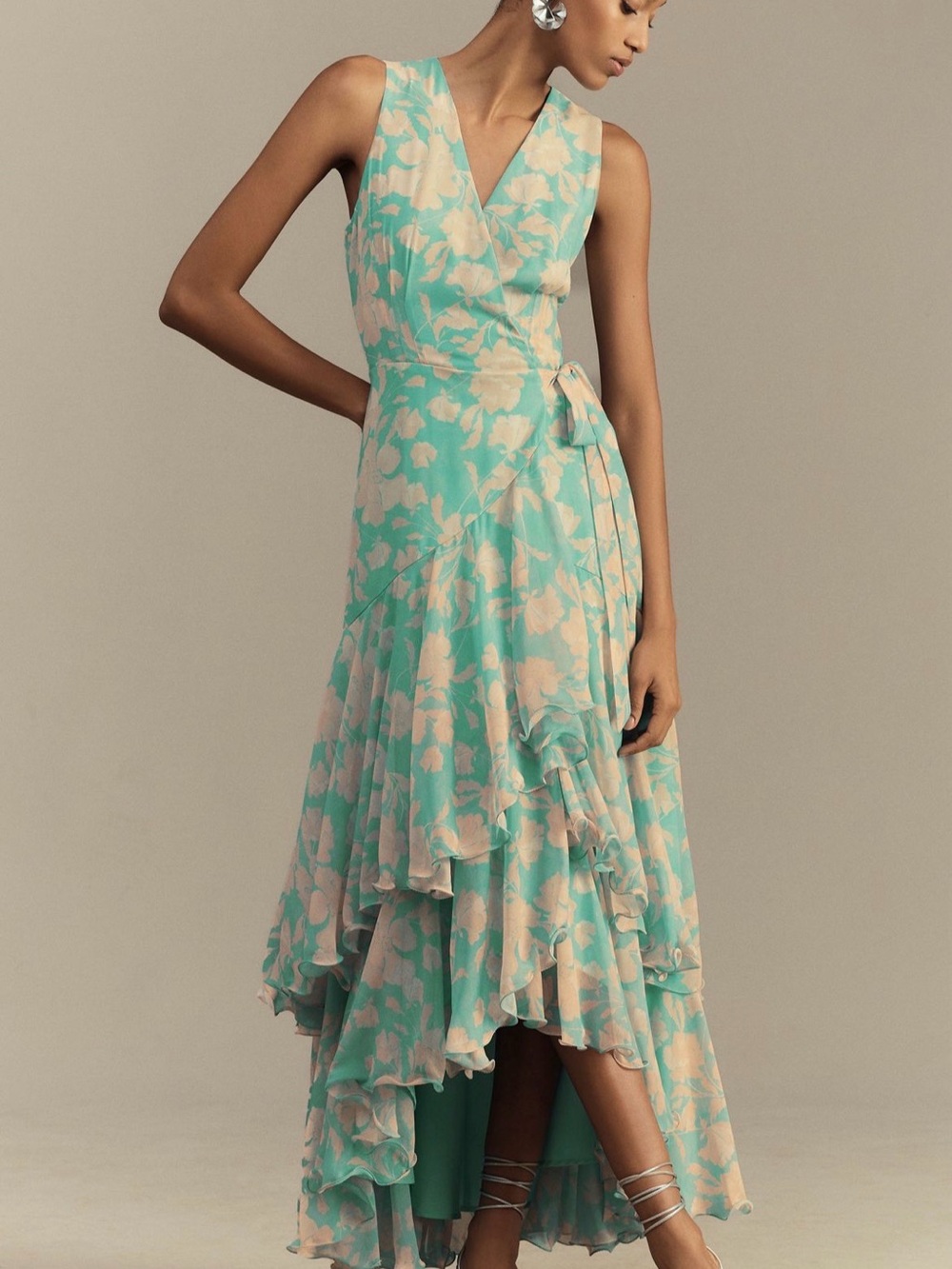 Hutch Trinity Chiffon Wrap Dress Mint and Cream Floral High-Low Wrap Dress- NWOT